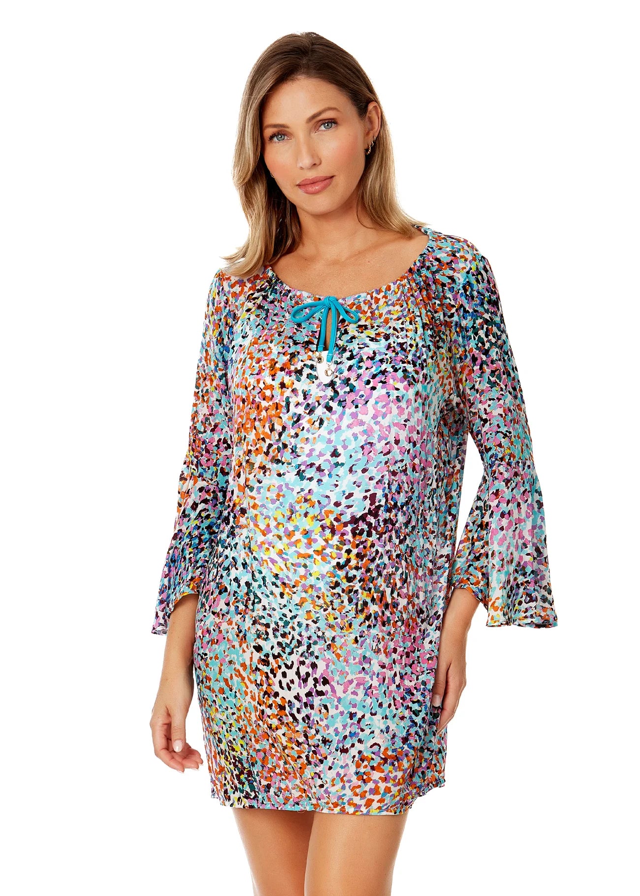 ANNE COLE Bell Sleeve Tunic Coverup - Sunset Dot
