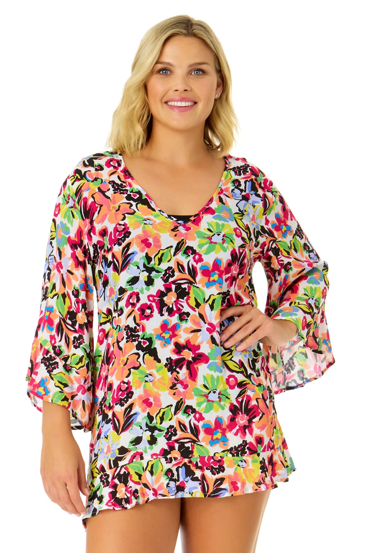 ANNE COLE Flounce V Neck Tunic Coverup - Sun Blossom