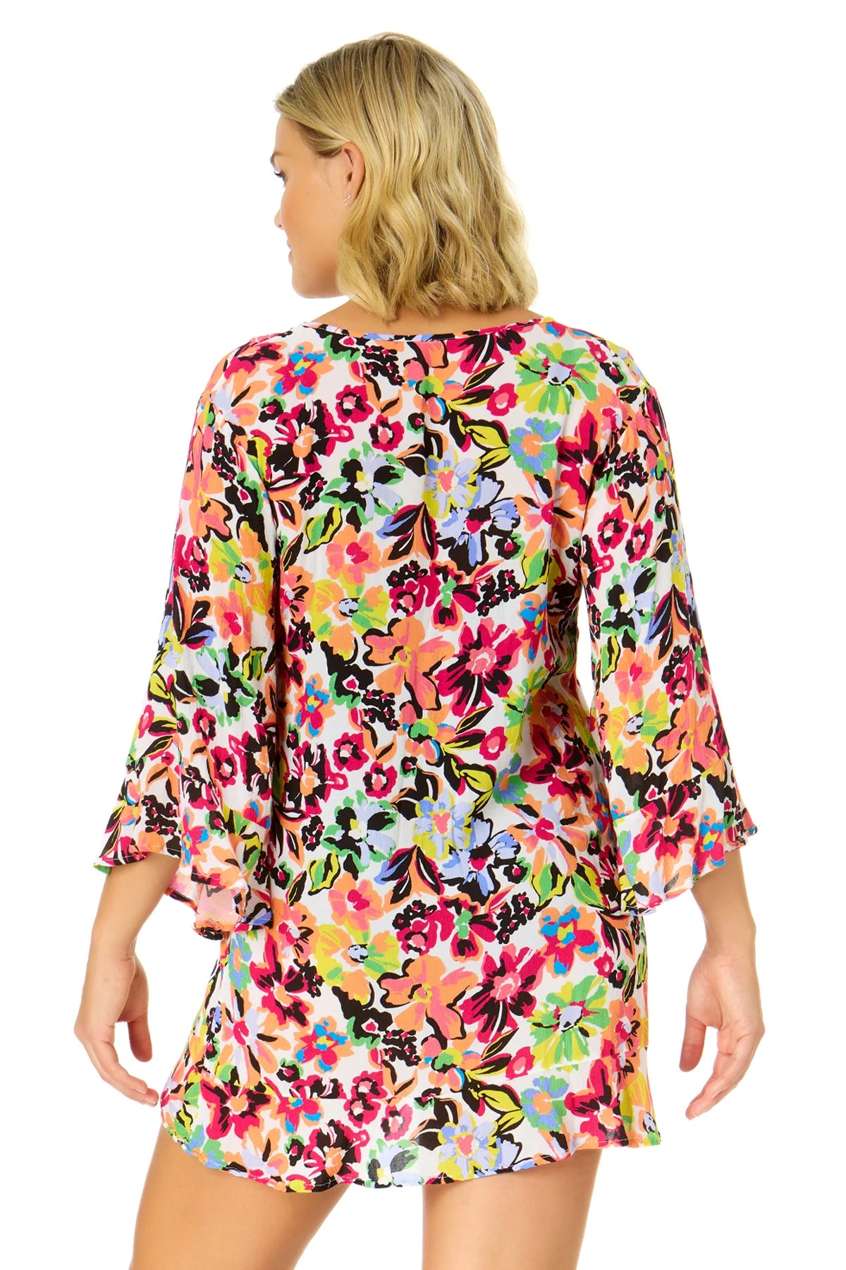 ANNE COLE Flounce V Neck Tunic Coverup - Sun Blossom
