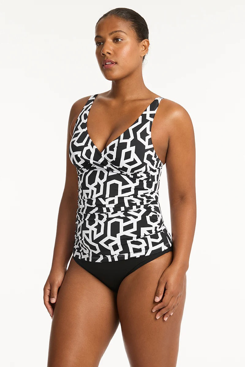 SEA LEVEL Cross Front Tankini - Black & White Deco