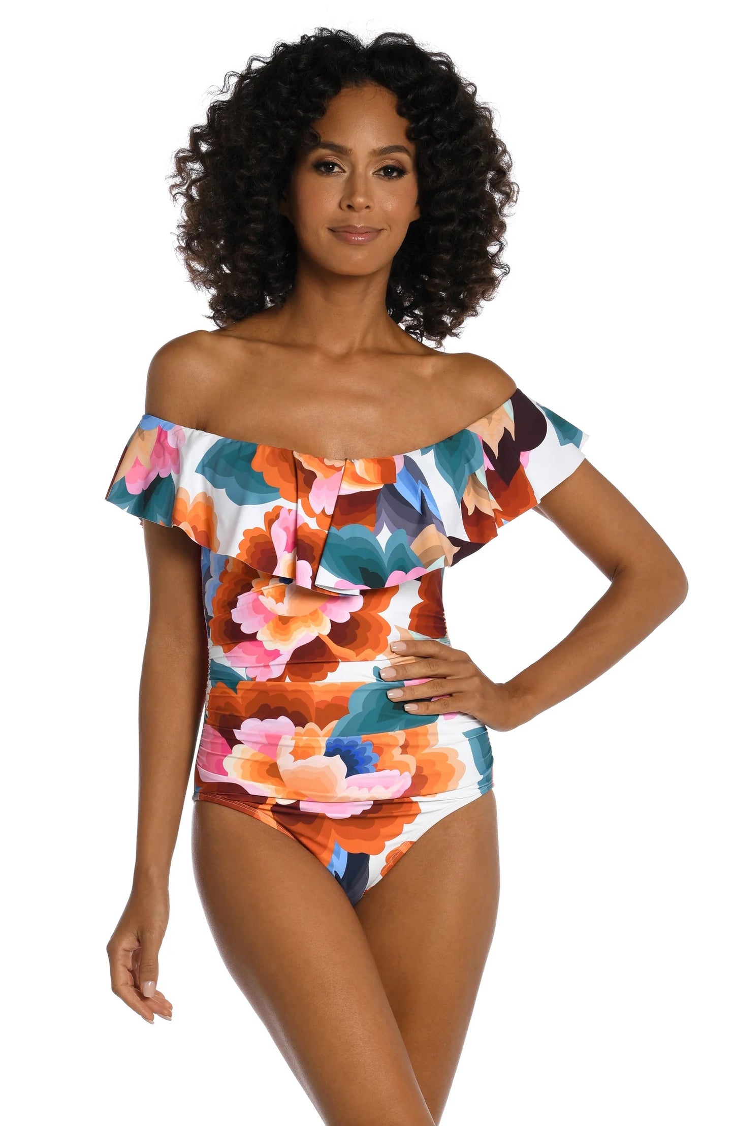 LA BLANCA Off Shoulder Ruffle One Piece - Floral Rhythm