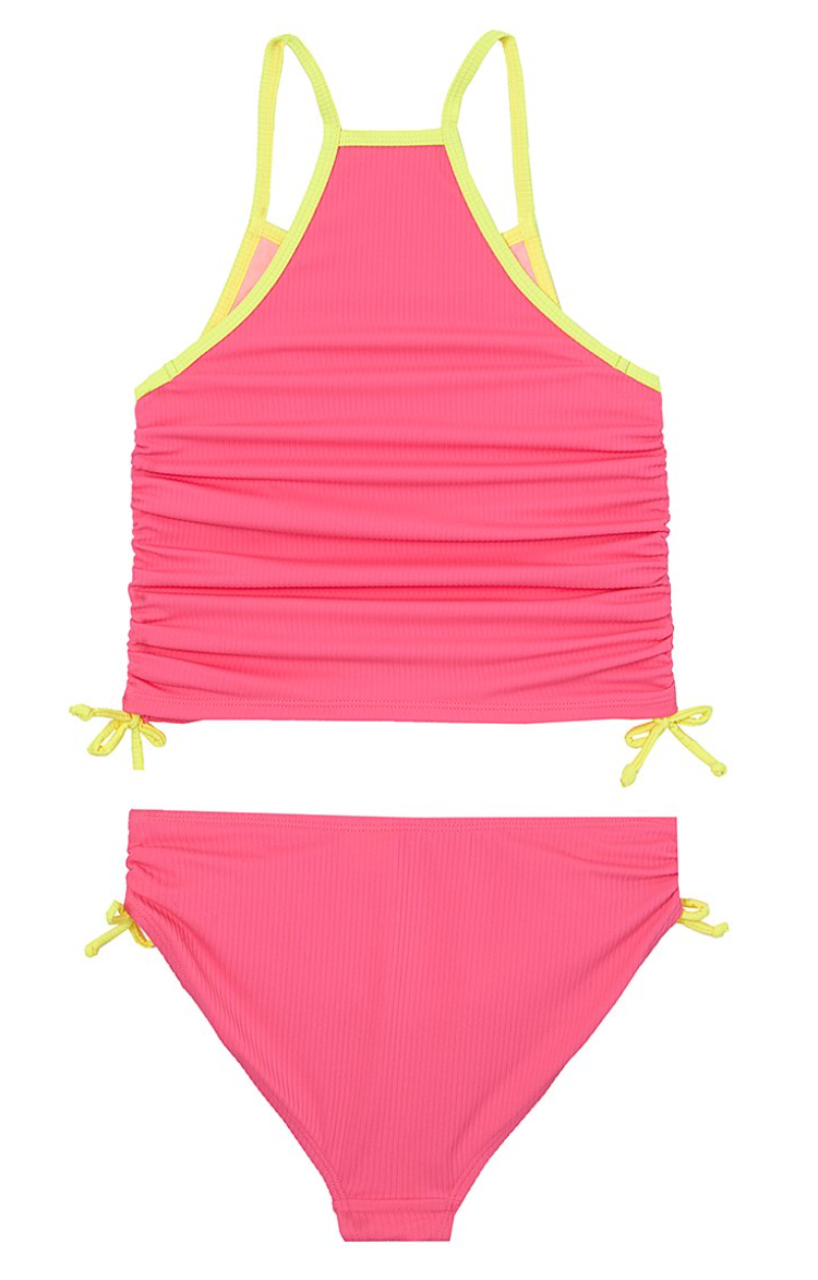 ANGEL BEACH Light Pink & Dark Pink Color Block Tankini Set - Girls