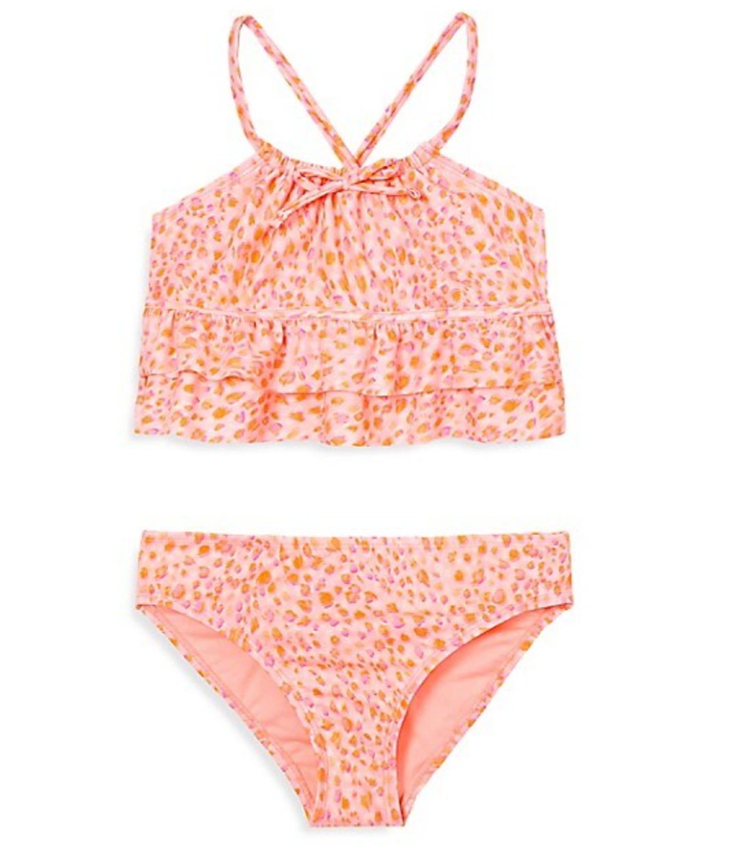 ANGEL BEACH Girl's Soft Safari Double-Ruffle Tankini 2-Piece Swim Set
