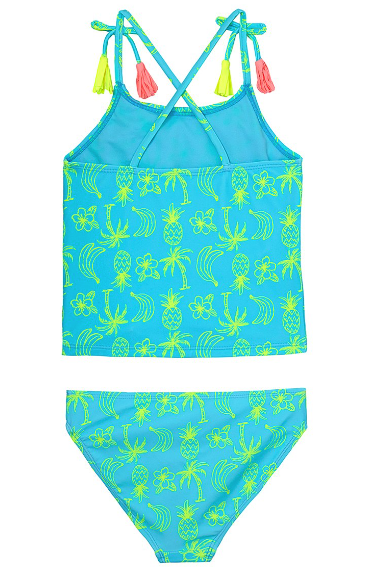 ANGEL BEACH Turquoise & Yellow Palm Tree Tropical Tankini - Girls