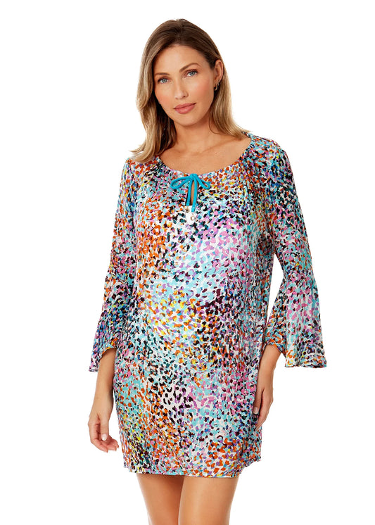 ANNE COLE Bell Sleeve Tunic Coverup - Sunset Dot
