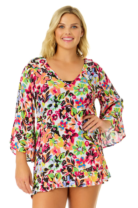 ANNE COLE Flounce V Neck Tunic Coverup - Sun Blossom