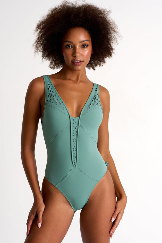 Deep V-Neck One-Piece  - 42480-05-600 4 / 600 Sage / 75% POLYAMIDE, 25% ELASTANE