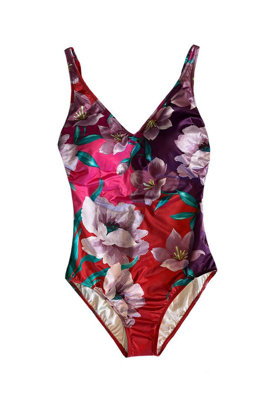 GOTTEX Bella Rose V Neck V Back Swimsuit - Cherry