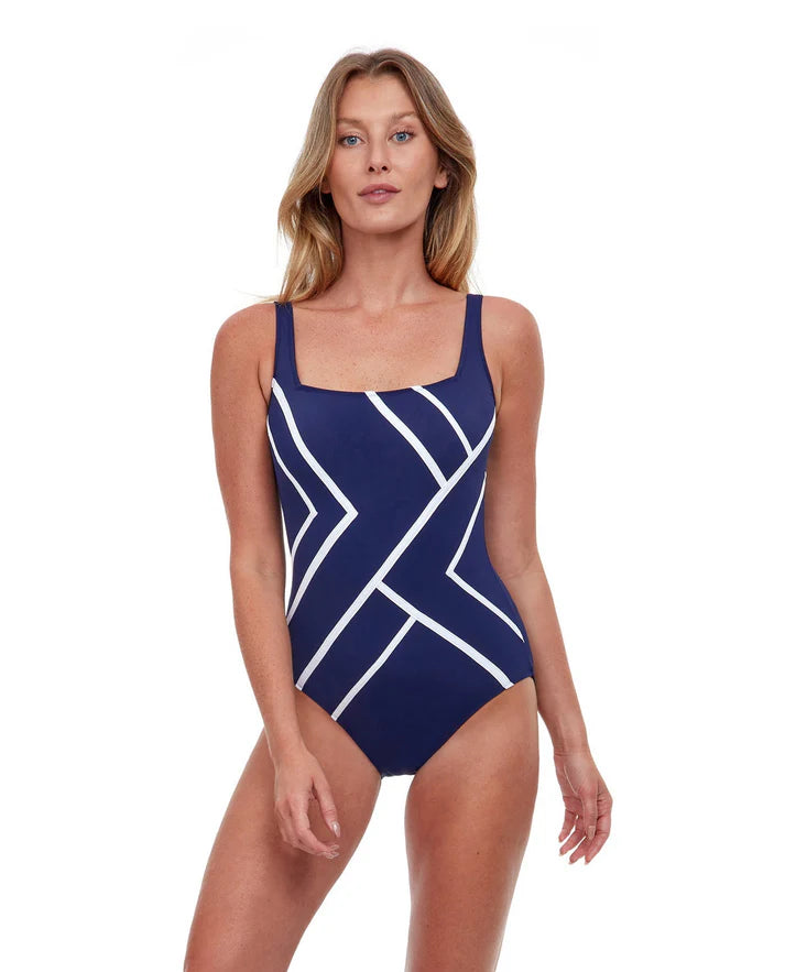 GOTTEX Mirage Full Coverage Square Neck One Piece - Navy & White