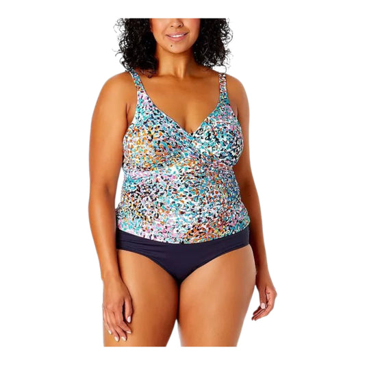 ANNE COLE Anne Cole Women's Plus Size Sunset Dot Hidden Underwire Drape Front Tankini Swim Top