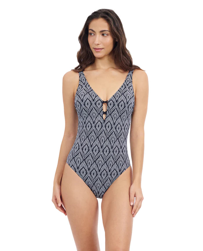 GOTTEX Plume V Neck Deep Plunge One Piece - Black & White