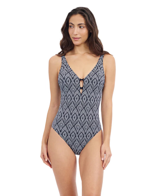 GOTTEX Plume V Neck Deep Plunge One Piece - Black & White