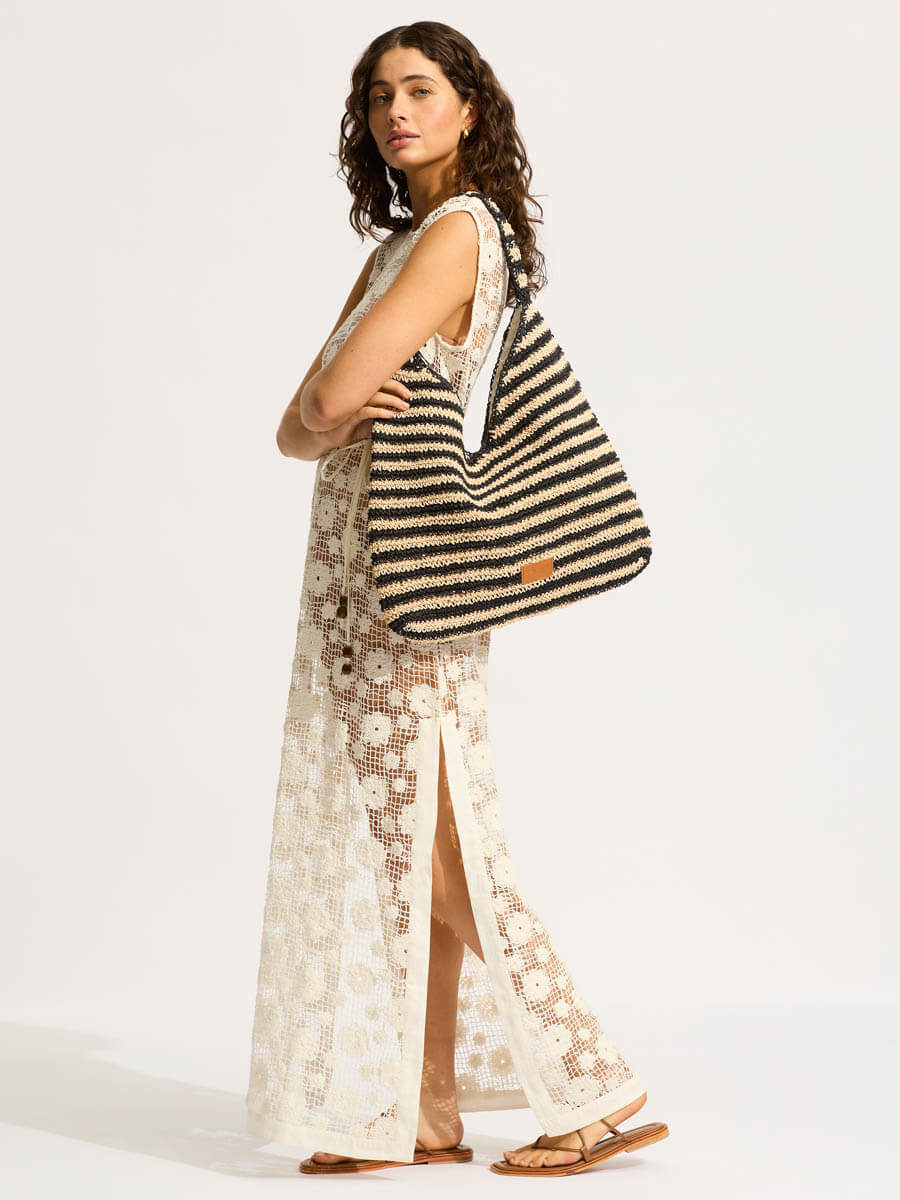 SEAFOLLY Carried Away Raffia Stripe Tote Bag in Natural/Black