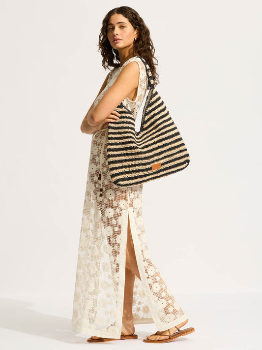 SEAFOLLY Carried Away Raffia Stripe Tote Bag in Natural/Black