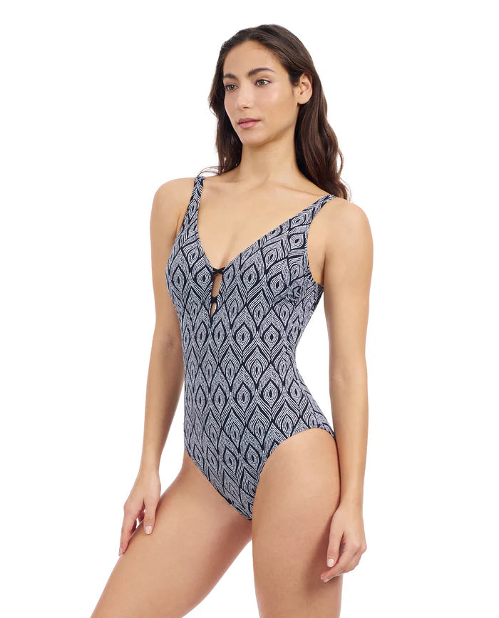 GOTTEX Plume V Neck Deep Plunge One Piece - Black & White