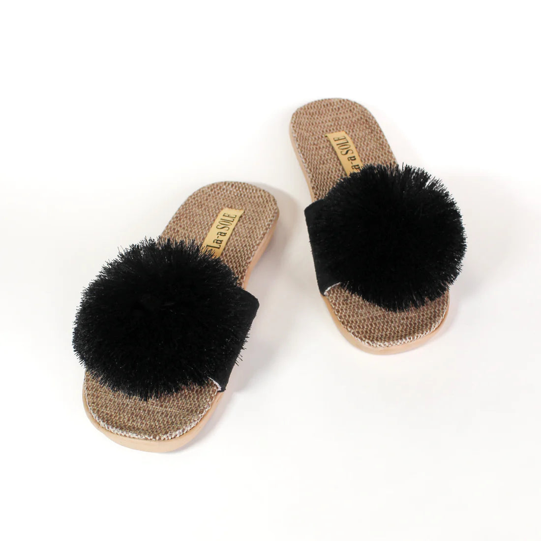 LA-A SOLE Pom Pom Slides | Black