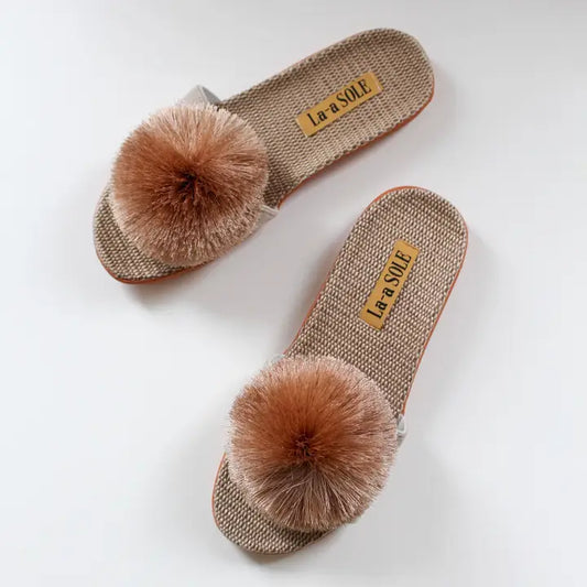 LA-A SOLE Pom Pom Slides | Champagne