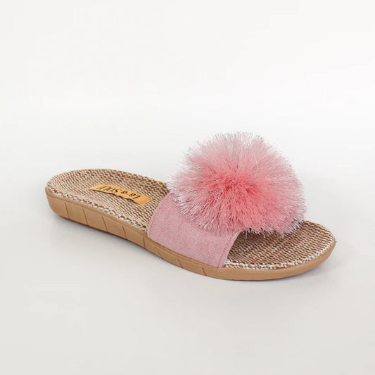 LA-A SOLE Pom Pom Slides | Pink Shimmer