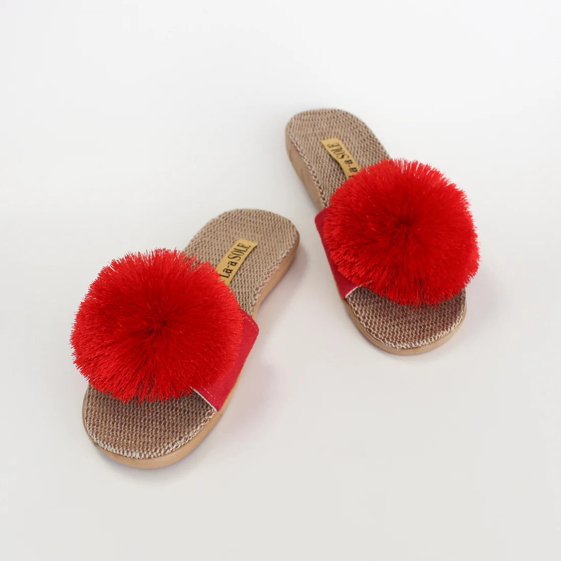 LA-A SOLE Pom Pom Slides | Red