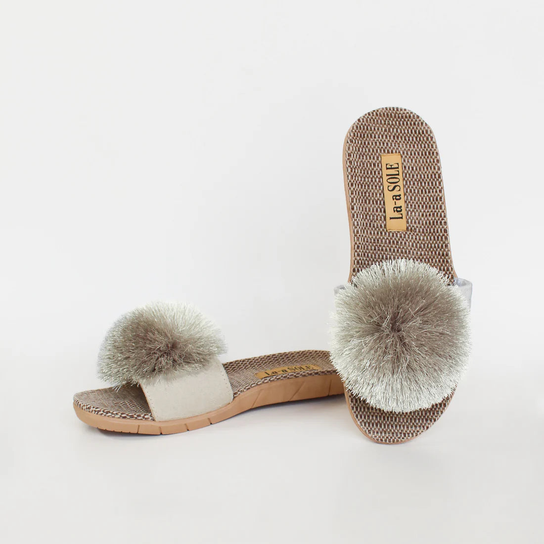 LA-A SOLE Pom Pom Slides | Silver