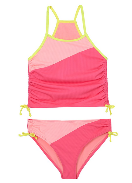 ANGEL BEACH Light Pink & Dark Pink Color Block Tankini Set - Girls