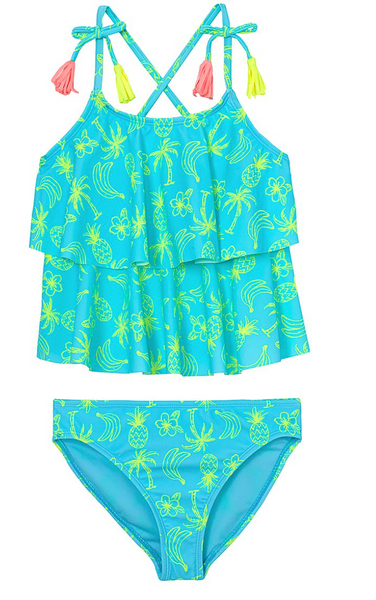 ANGEL BEACH Turquoise & Yellow Palm Tree Tropical Tankini - Girls