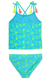 ANGEL BEACH Turquoise & Yellow Palm Tree Tropical Tankini - Girls