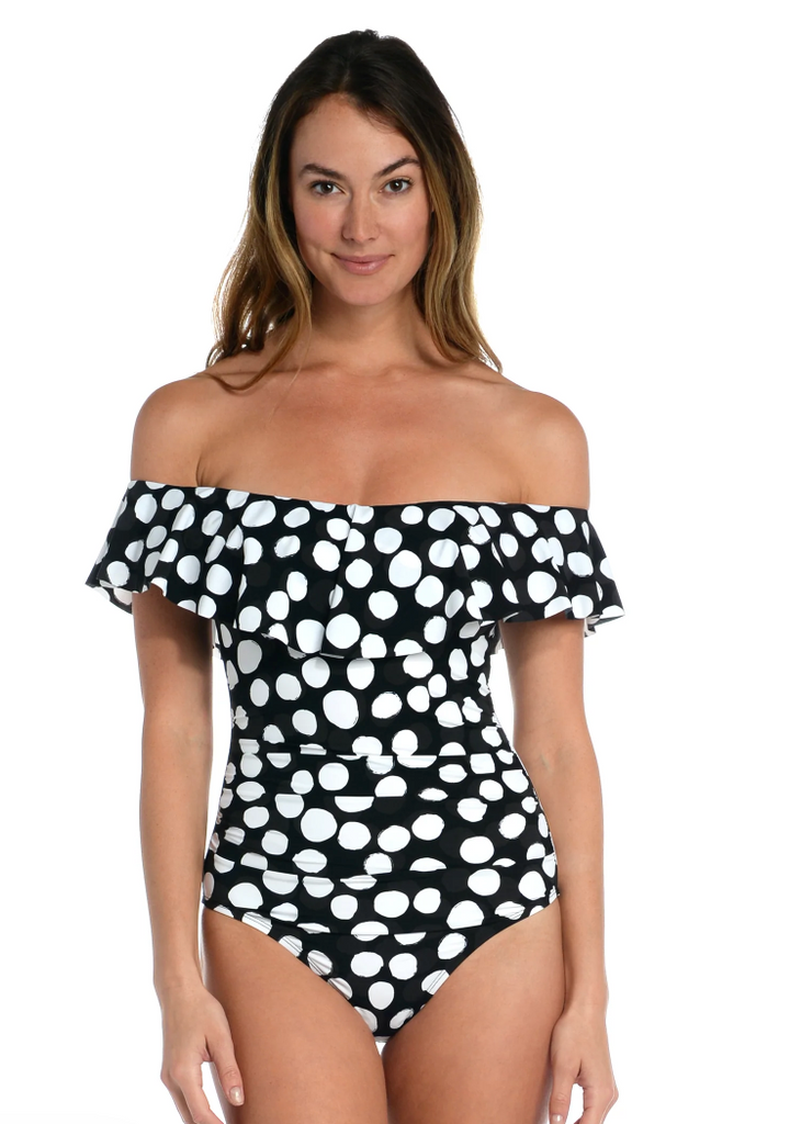 LA BLANCA Mod For Dot Off Shoulder Ruffle One Piece