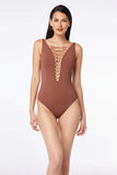 BLEU ROD BEATTIE KORE ONE PIECE HIGH NECK LACE DOWN SWIMSUIT Chocolate Truffle