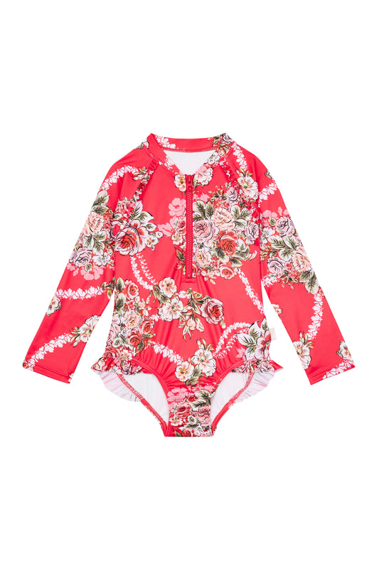 SEAFOLLY LITTLE VILLAGE IN COMO LONG SLEEVE SURF TANK ONE PIECE ROSE-PINK